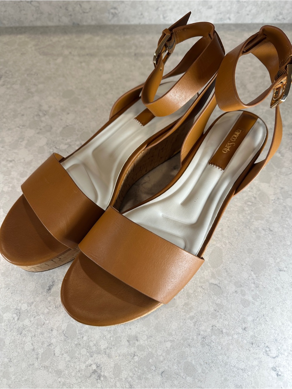 Franco Sarto Cognac Brown Wedge Sandals with Ankle Strap